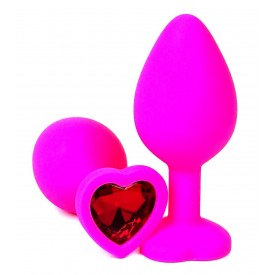 Розовая силиконовая пробка с красным кристаллом-сердцем - 10,5 см.